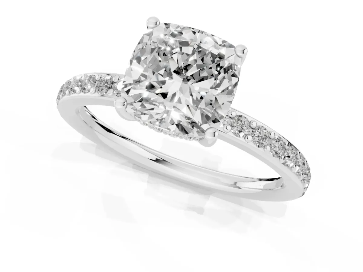 Cushion Cut Cut Diamond Pavé Band Ring with Four-Prong Setting Silver