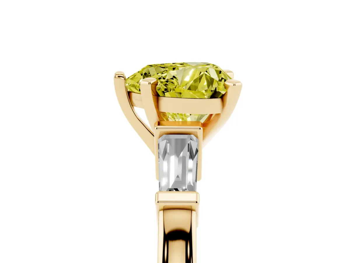 Fancy Yellow Heart Cut Cut Diamond Solitaire Ring with Tapered Baguette Accents and Four-Prong Setting Yellow gold