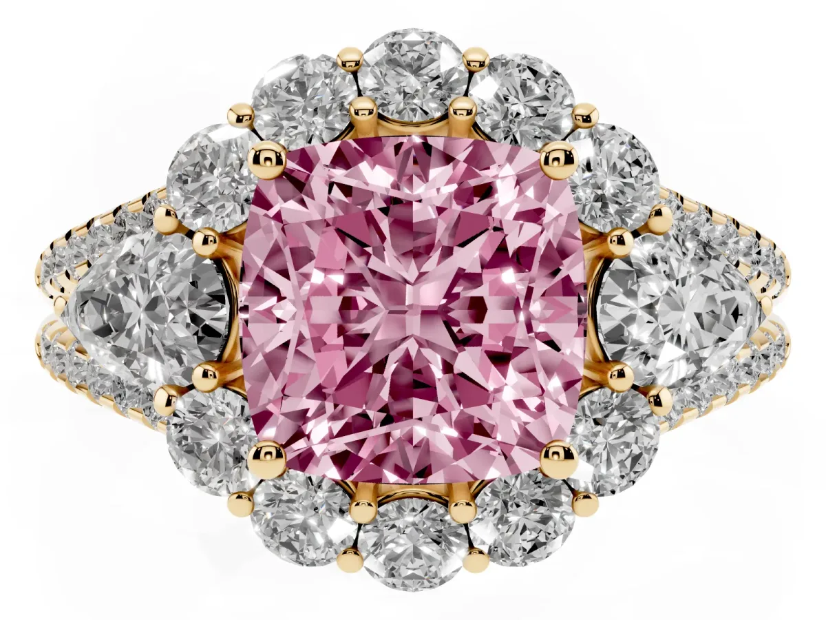 Fancy Pink Cushion Cut Halo Split Shank Diamond Engagement Ring with Prong Setting Yellow gold