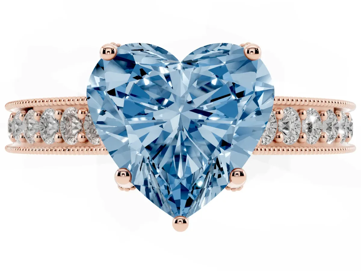 Fancy Blue Heart Cut Cut Diamond Solitaire Ring with Milgrain Pave Band and Four Prong Setting Rose gold