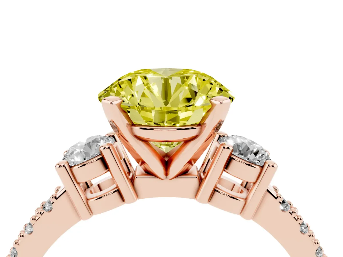 Fancy Yellow Round Cut Three-Stone Diamond Pavé Band with Prong Setting Rose gold