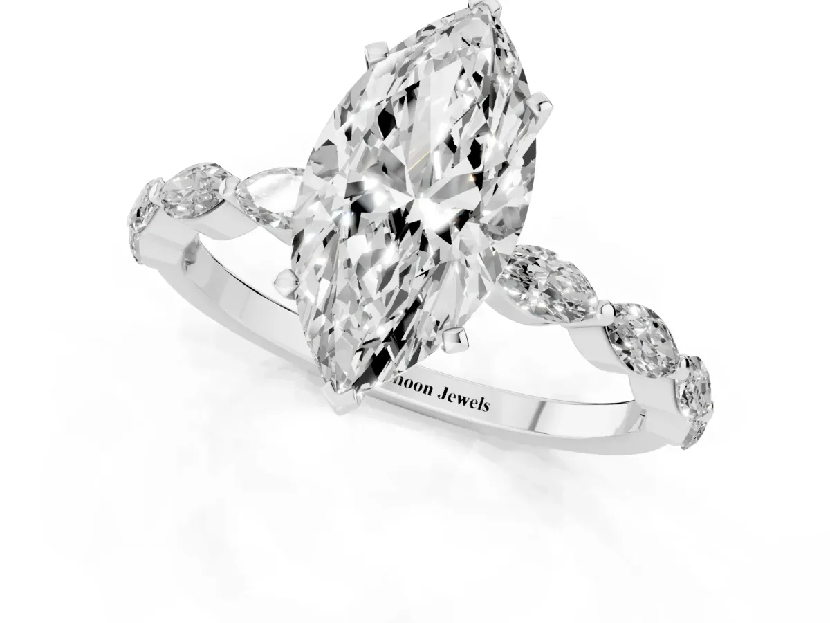 Marquise Cut Diamond Ring with Marquise Side Stones and Prong Setting Platinum