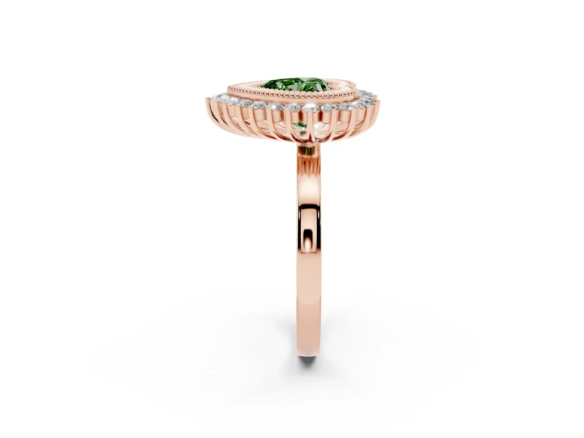 Fancy Green Heart Cut Halo Diamond Ring with Milgrain Edge and Round Prong Setting Rose gold
