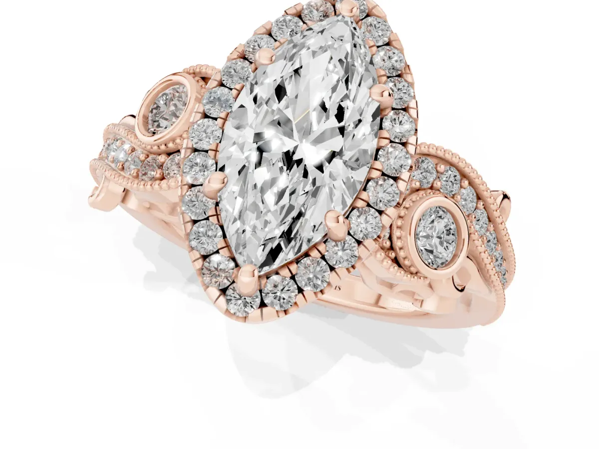 Marquise Cut Diamond Halo Ring with Milgrain Pavé Band and Four-Prong Setting Rose gold