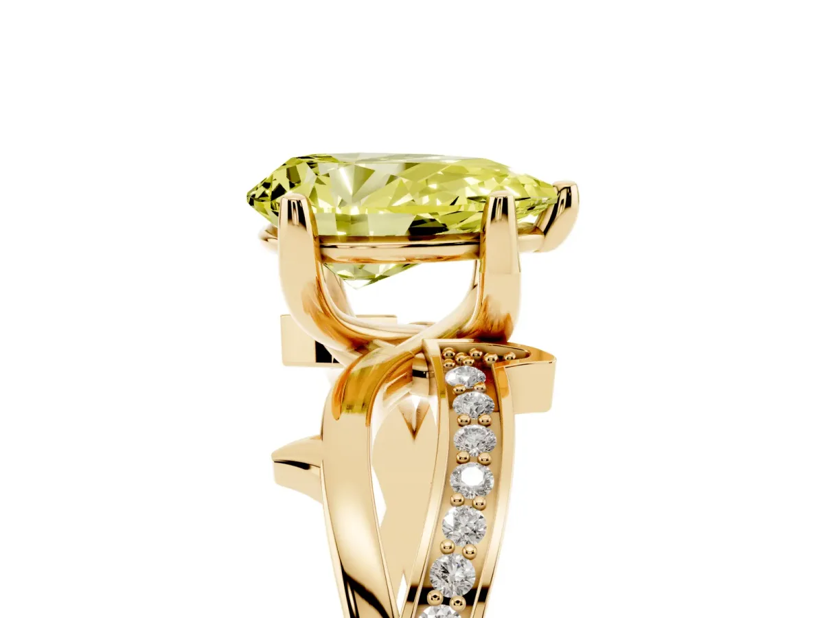 Fancy Yellow Pear Cut Solitaire Twist Band with Pavé Accents and Four-Prong Setting Yellow gold