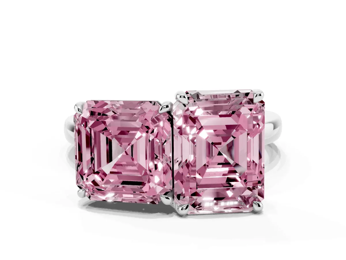 Fancy Pink Asscher Cut and Emerald Cut Toi Moi Ring with Prong Setting Silver
