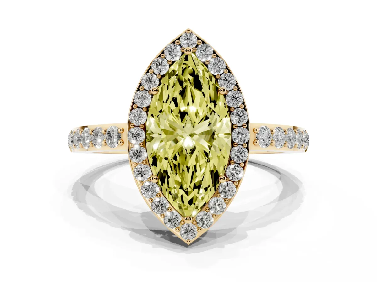 Fancy Yellow Marquise Cut Halo Diamond Pavé Band Ring with Prong Setting Yellow gold