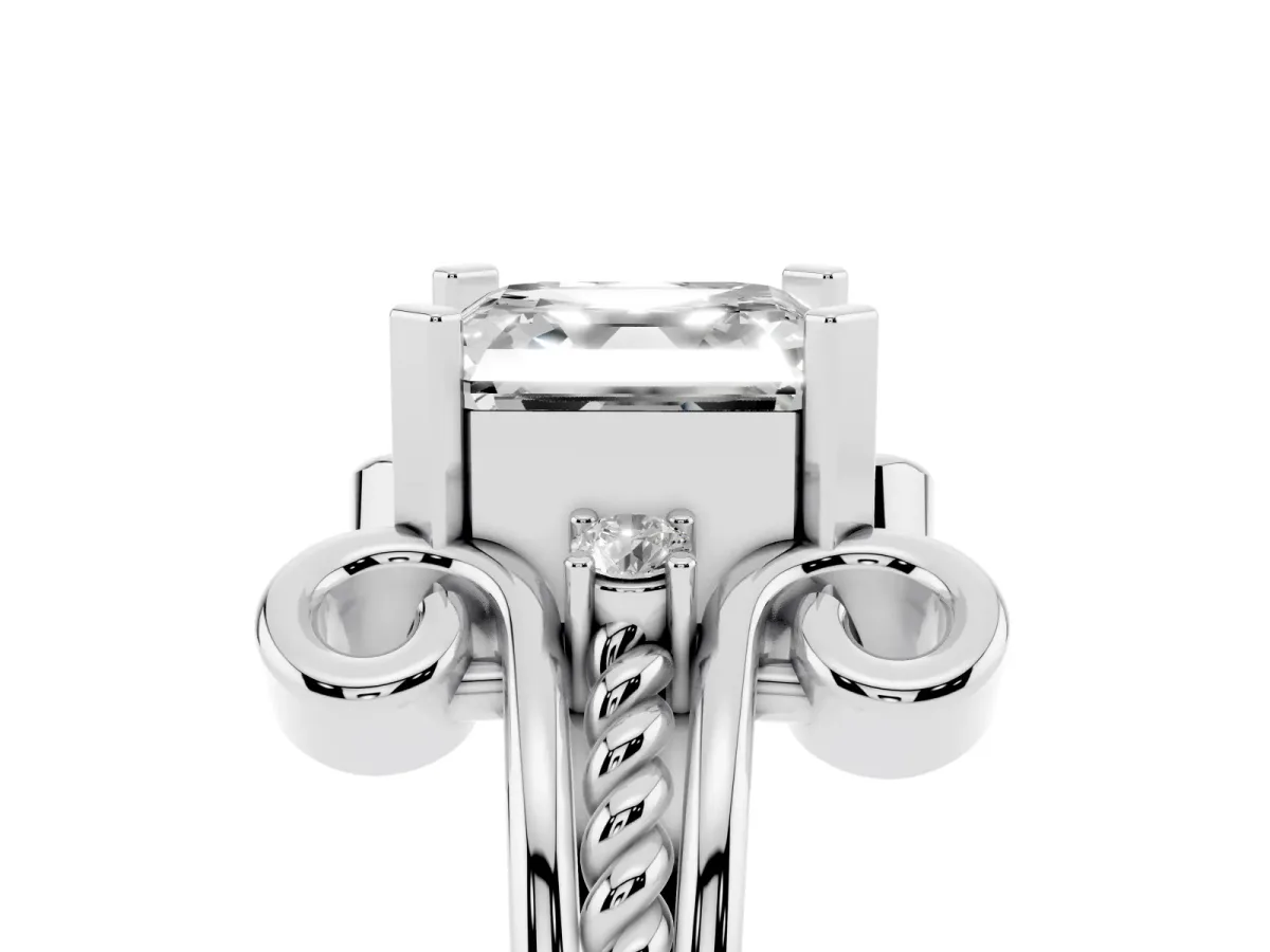Asscher Cut Solitaire Twisted Band Scroll Prong Ring Silver