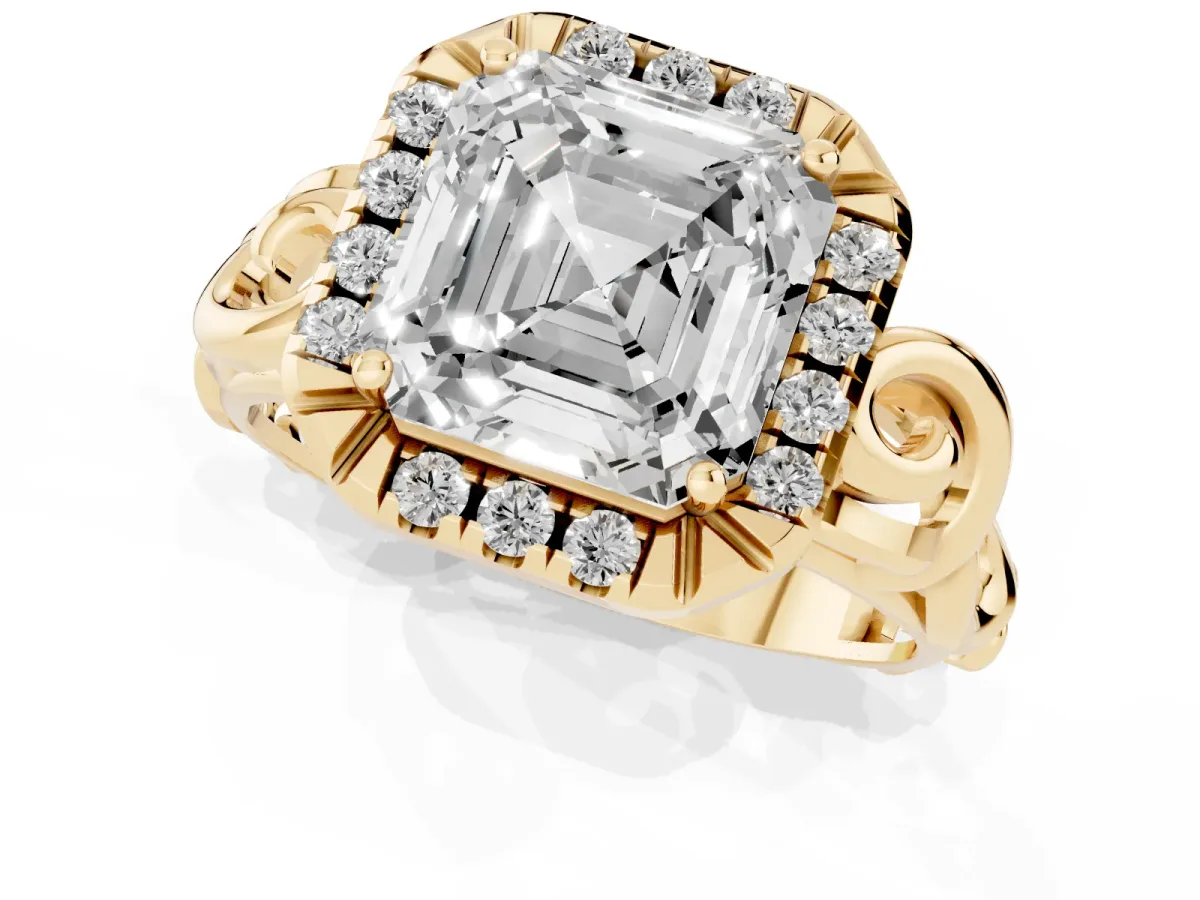 Asscher Cut Cut Halo Diamond Ring with Scrollwork Band and Four-Prong Setting Yellow gold