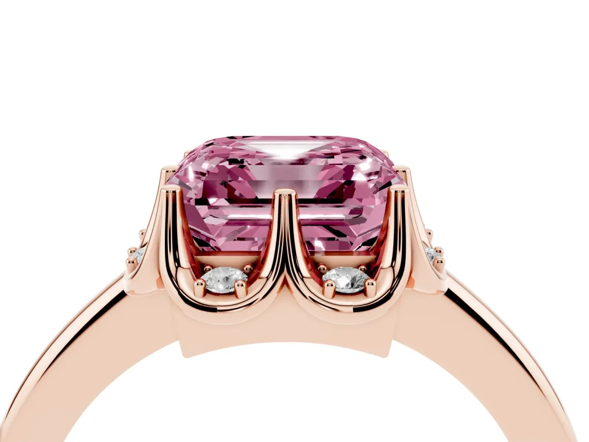 Fancy Pink Asscher Cut Halo Diamond Ring with Round Cluster Setting, Solitaire Band, and Four-Prong Setting Rose gold