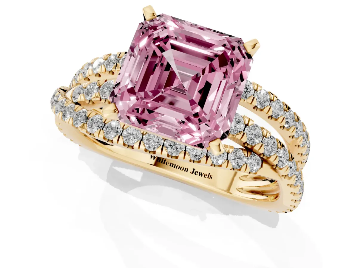 Fancy Pink Asscher Cut Solitaire Twist Band with Pavé Setting and Four-Prong Setting Yellow gold