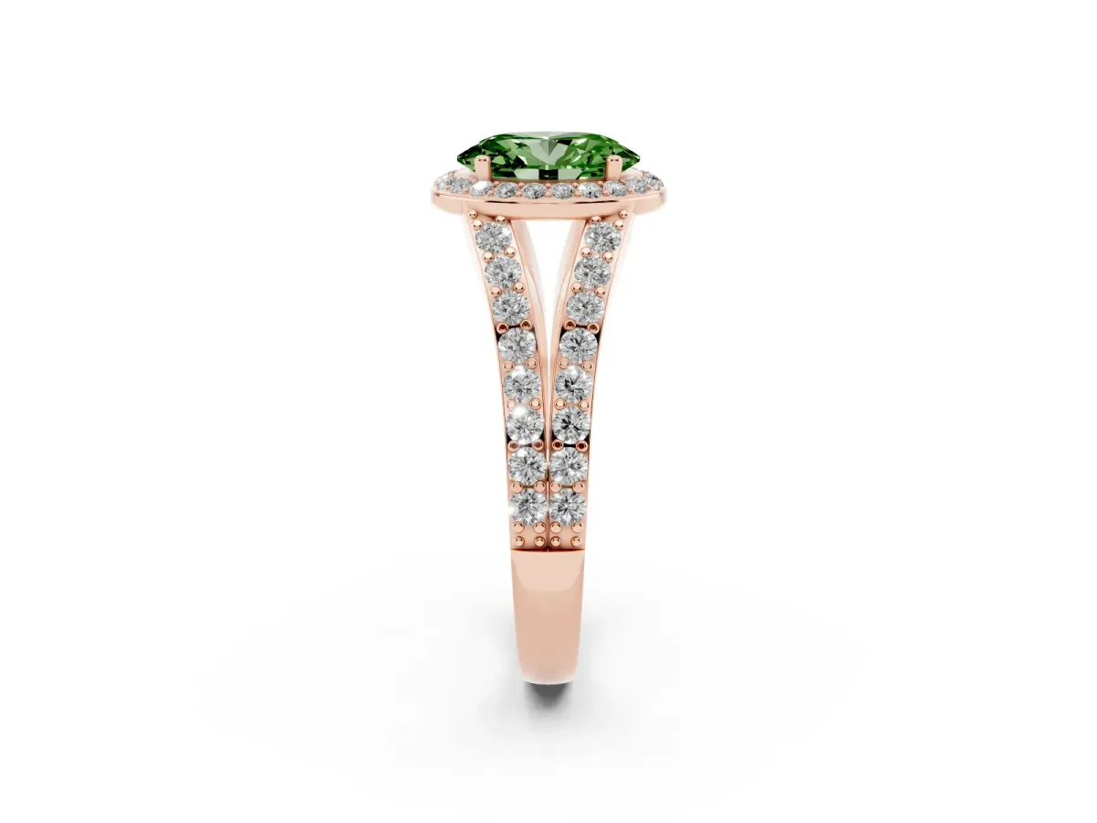 Fancy Green Oval Cut Diamond Split Shank Halo Ring with Four-Prong Setting Rose gold
