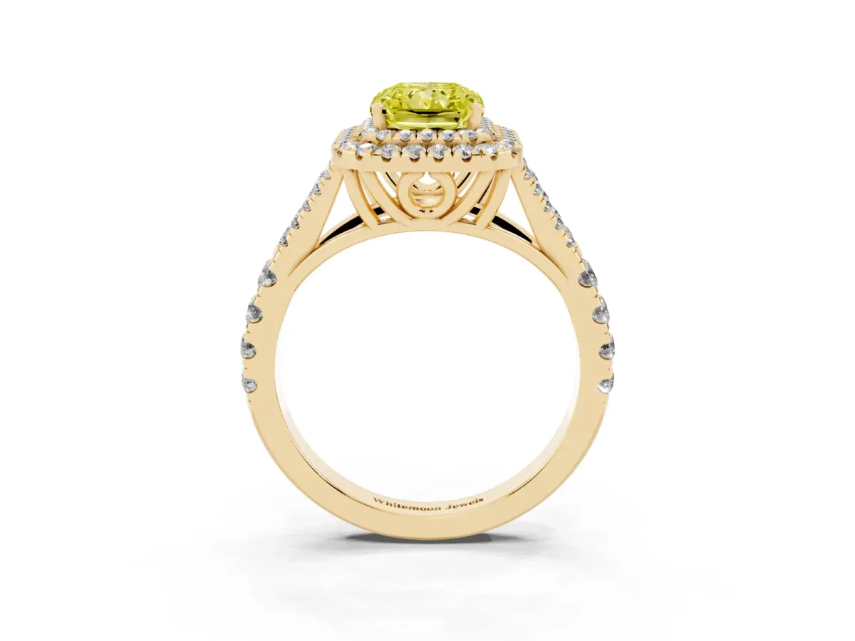 Fancy Yellow Radiant Cut Cut Double Halo Split Shank Diamond Ring with Prong Setting Yellow gold