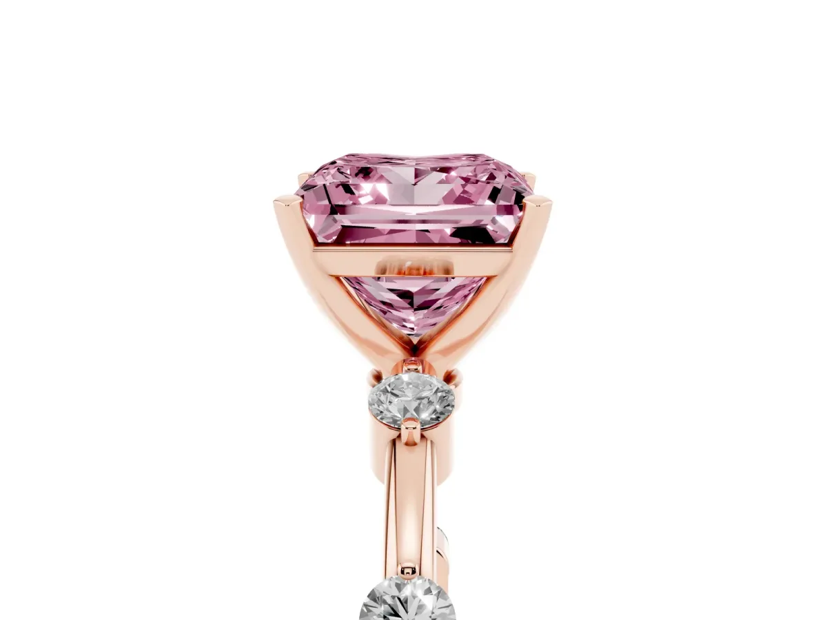 Fancy Pink Princess Cut Solitaire Diamond Ring with Bezel Set Side Stones and Prong Setting Rose gold