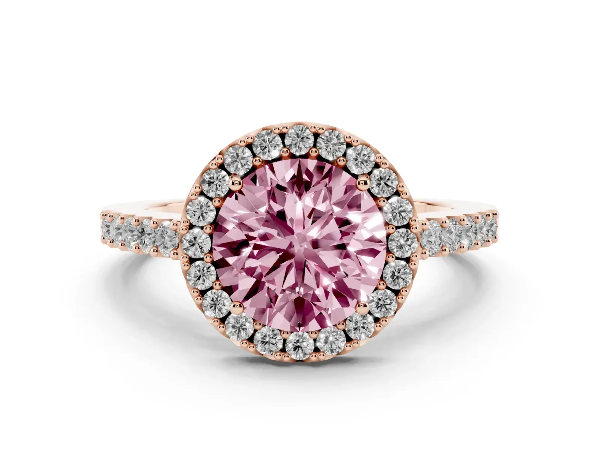 Fancy Pink Round Cut Halo Diamond Pavé Solitaire Ring Rose gold