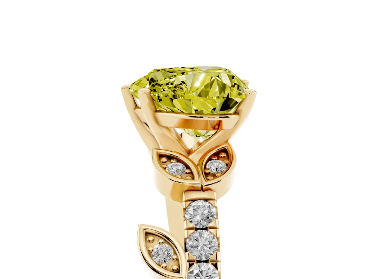 Fancy Yellow Heart Cut Solitaire Leaf-Inspired Diamond Ring with Pavé Band and Four-Prong Setting Yellow gold