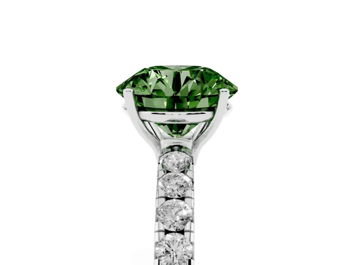 Fancy Green Round Cut Diamond Pavé Solitaire Engagement Ring with Four-Prong Setting Silver