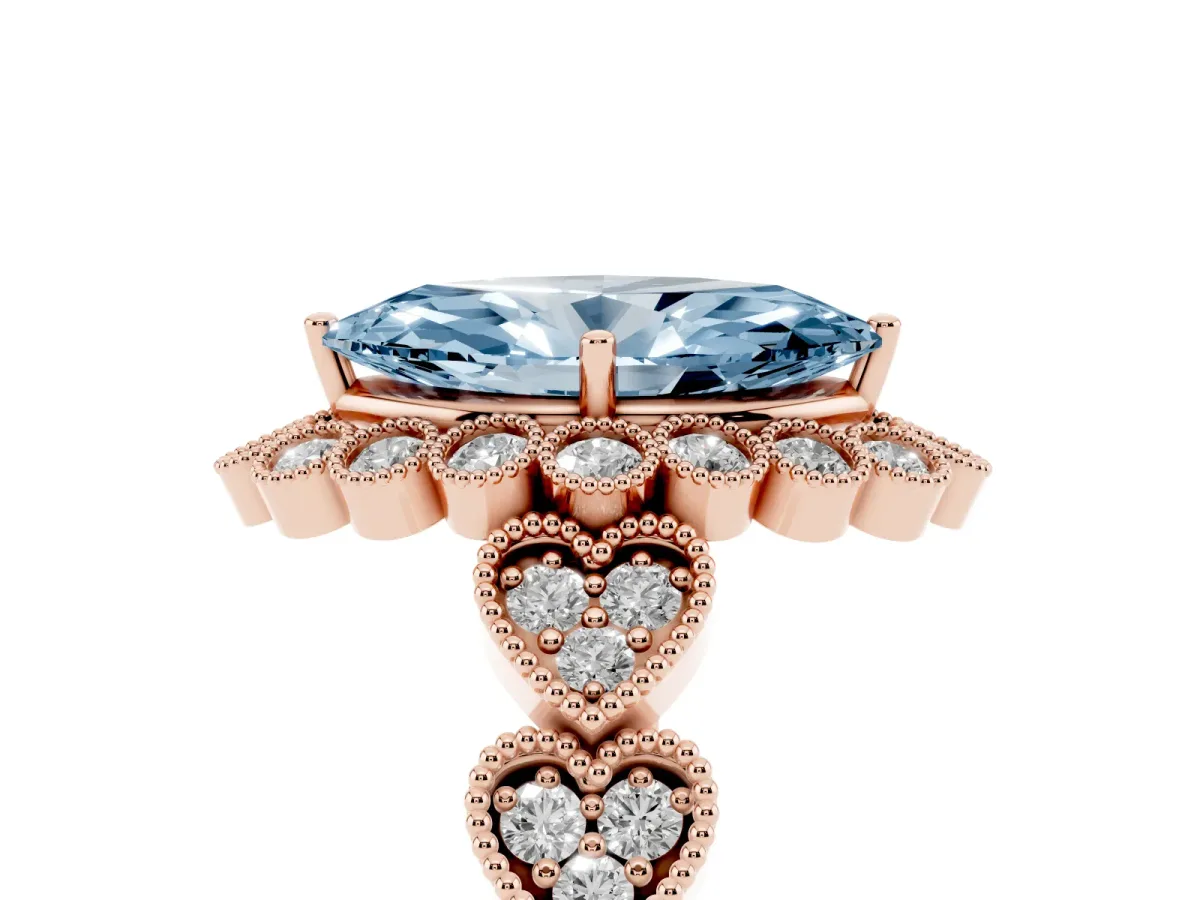 Fancy Blue Marquise Cut Brilliant Milgrain Pave Heart Band Solitaire Ring Rose gold