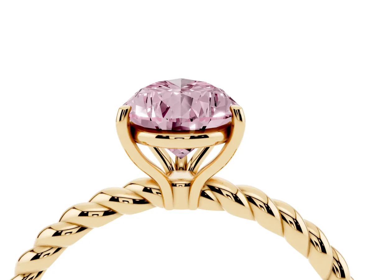 Fancy Pink Pear Cut Solitaire Twist Band Ring with Four-Prong Setting Yellow gold