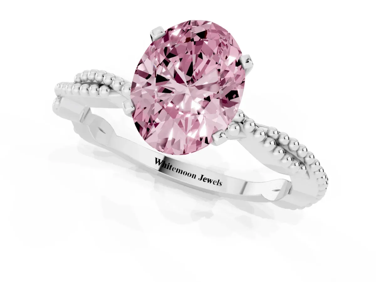 Fancy Pink Oval Cut Solitaire Twisted Band with Bead Prong Setting Silver