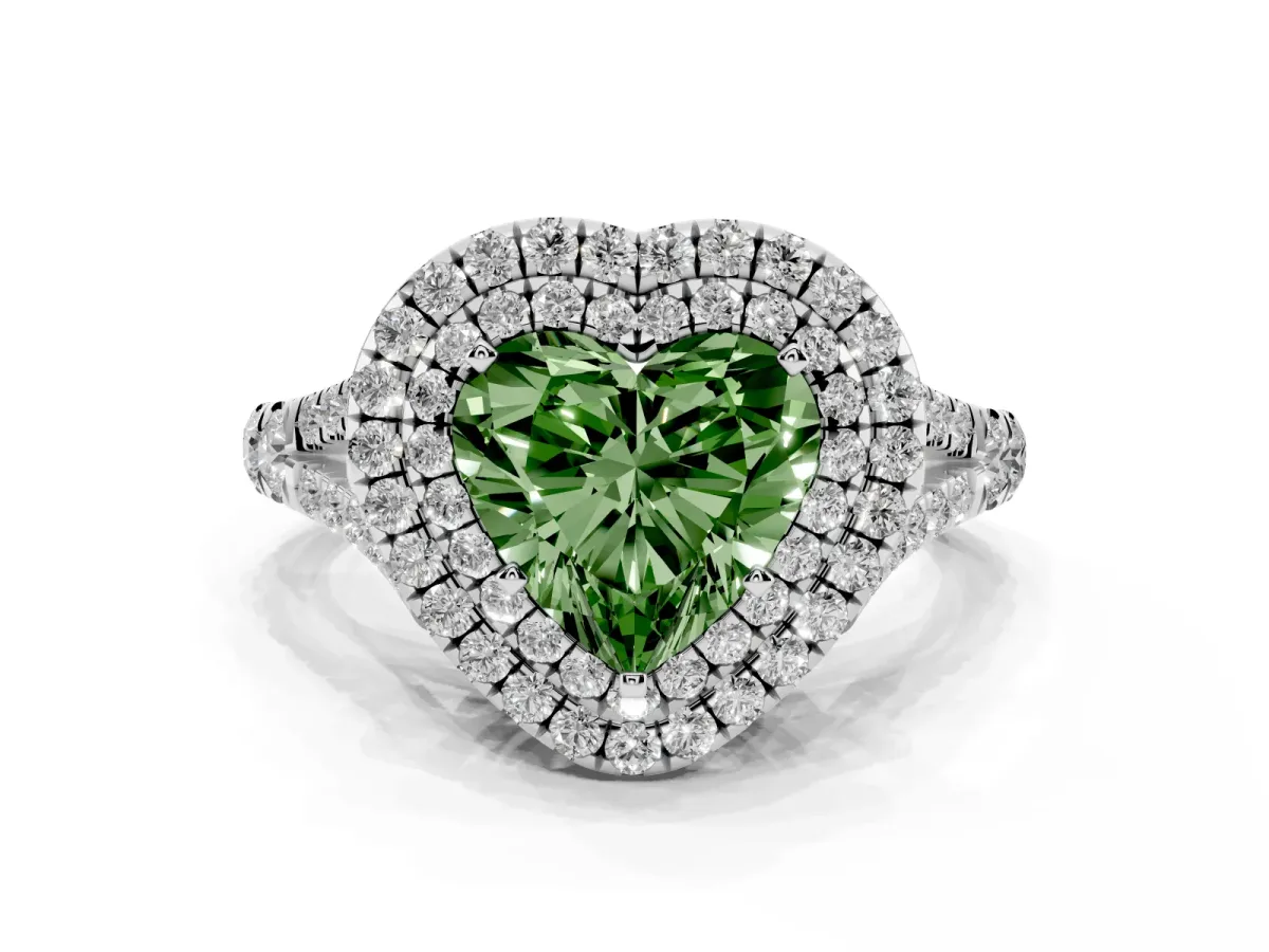 Fancy Green Heart Cut Cut Double Halo Split Shank Diamond Ring with Prong Setting Platinum