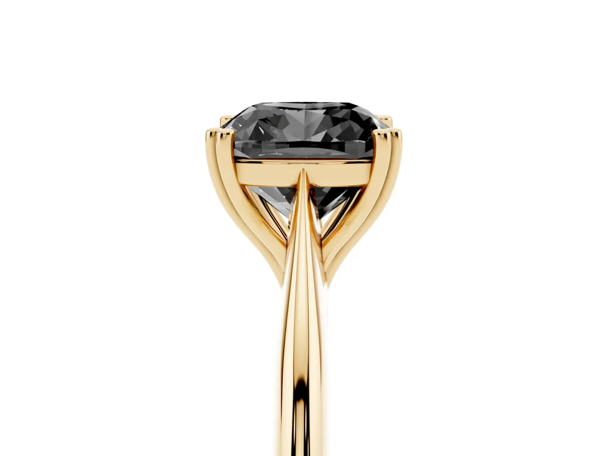 Fancy Black Cushion Cut Solitaire Diamond Ring with Six-Prong Setting and Classic Band Yellow gold