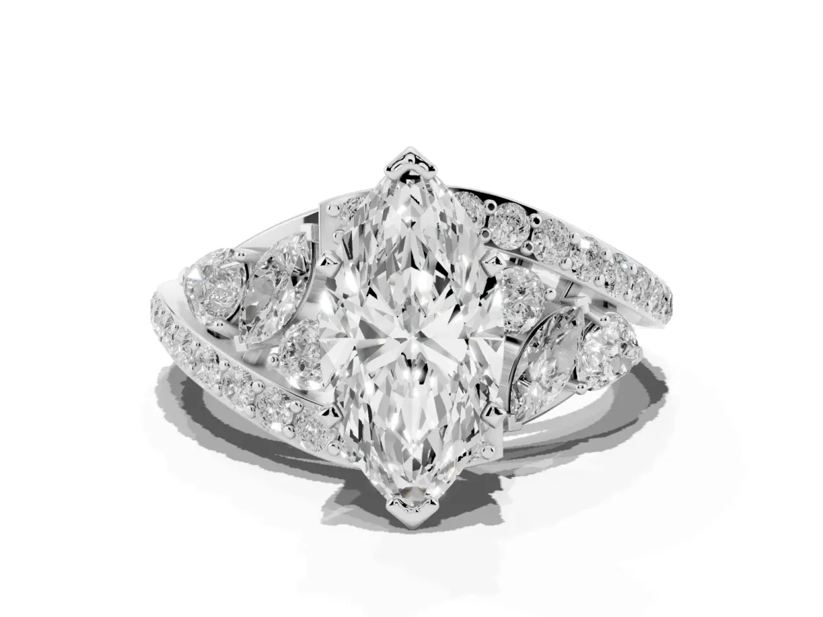 Marquise Cut Diamond Halo Ring with Marquise and Pavé Band in Prong Setting Platinum