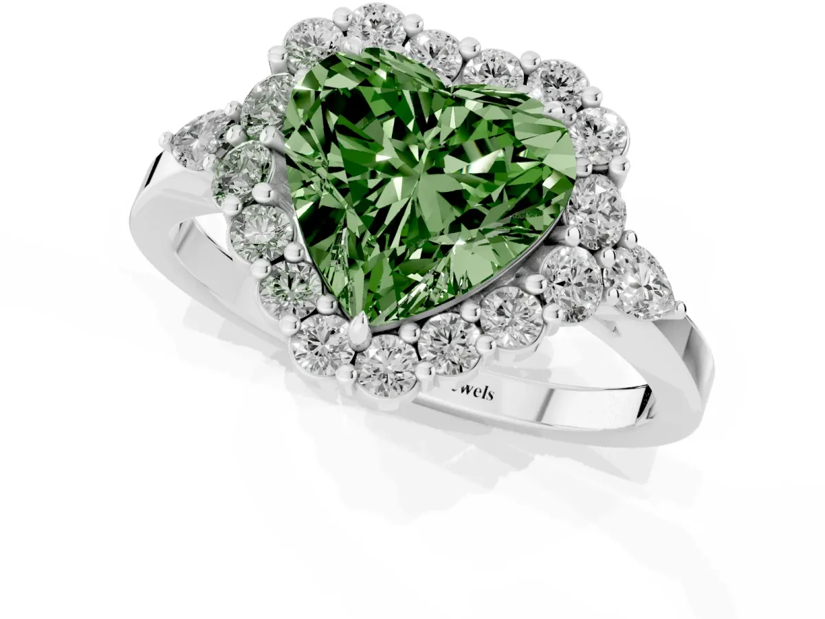 Fancy Green Heart Cut Diamond Halo Ring with Pear Side Stones and Prong Setting Silver