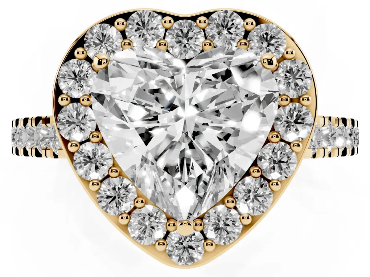 Heart Cut Diamond Halo Ring with Round Pavé Split Shank and Prong Setting Yellow gold