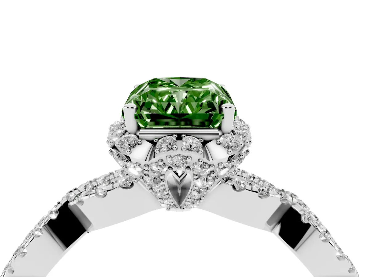 Fancy Green Radiant Cut Halo Twist Band Solitaire Ring with Six-Prong Setting Silver
