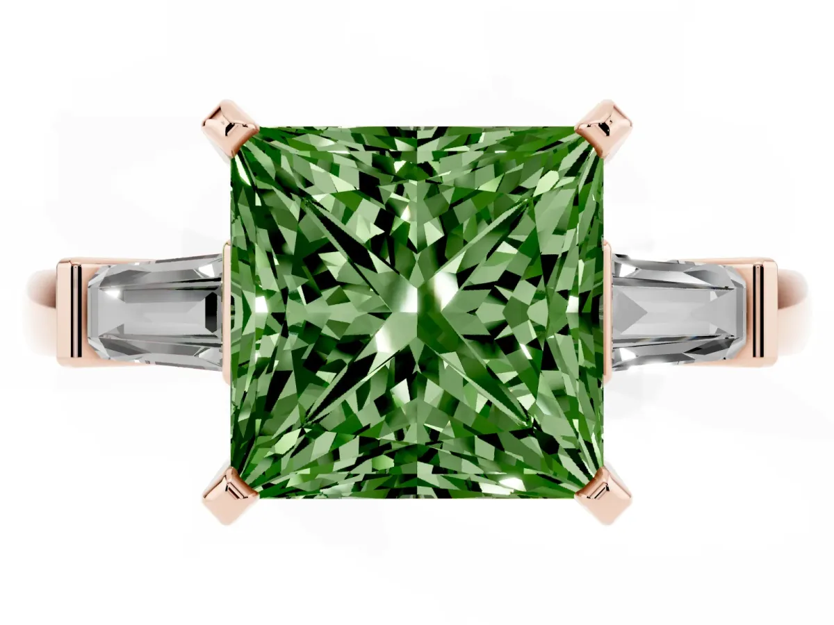 Fancy Green Princess Cut Cut Diamond Solitaire Ring with Tapered Baguette Accents and Four-Prong Setting Rose gold