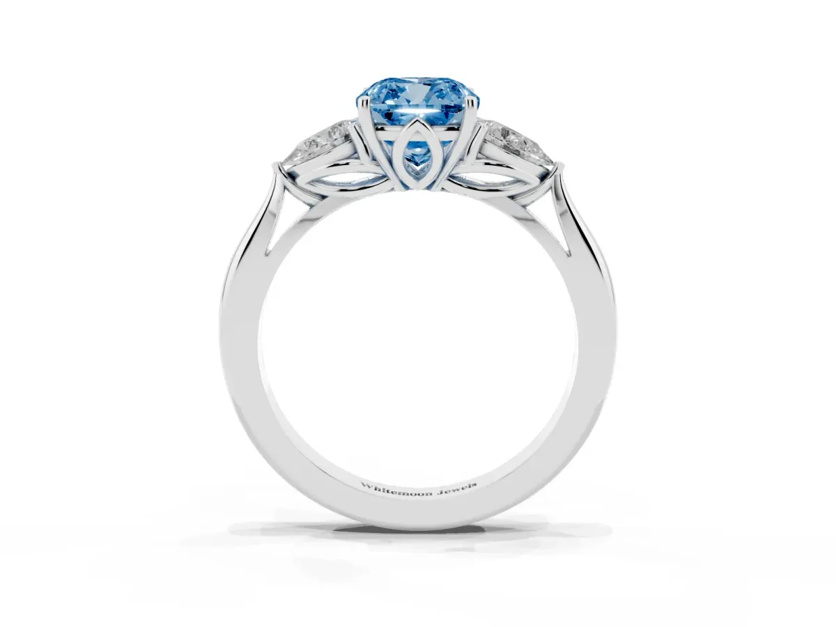 Fancy Blue Three-Stone Cushion Cut Brilliant Diamond Solitaire Ring with Tapered Band and Four-Prong Setting Silver