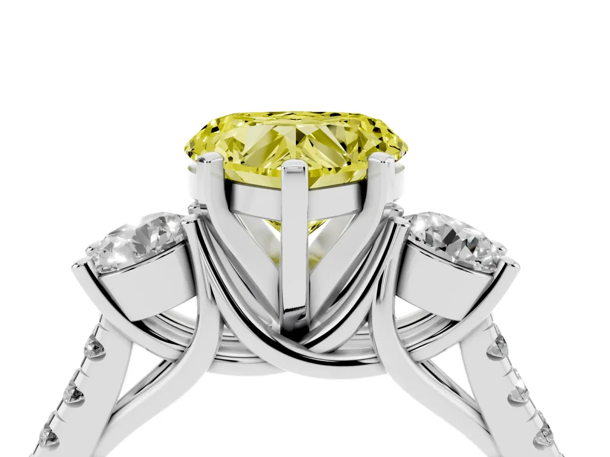 Fancy Yellow Three-Stone Heart Cut Diamond Pavé Band with Four-Prong Setting Silver