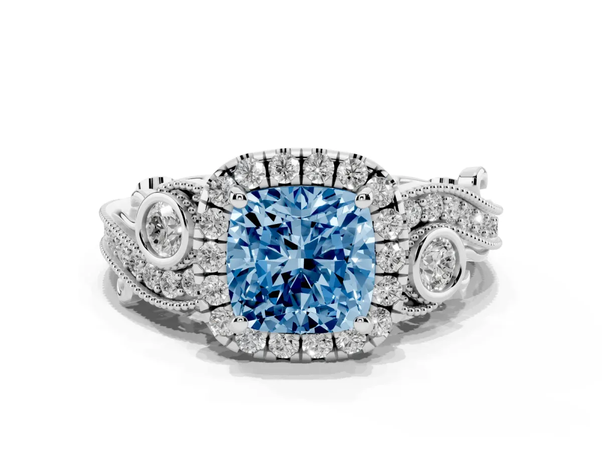 Fancy Blue Cushion Cut Diamond Halo Ring with Milgrain Pavé Band and Four-Prong Setting Platinum