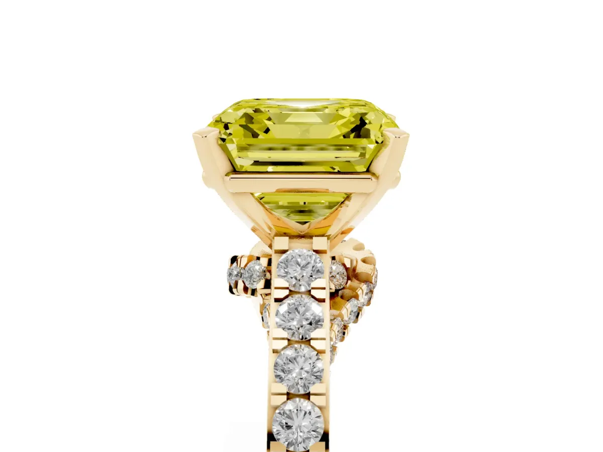 Fancy Yellow Asscher Cut Diamond Solitaire Ring with Crossover Gallery and Round Pavé Band Yellow gold