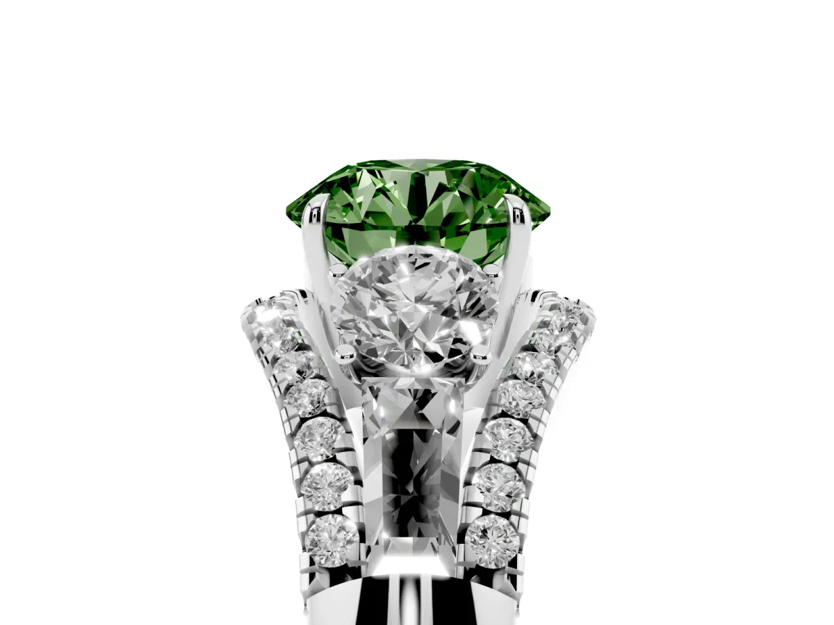 Fancy Green Three-Stone Round Cut Diamond Engagement Ring with Pave Band and Prong Setting Silver