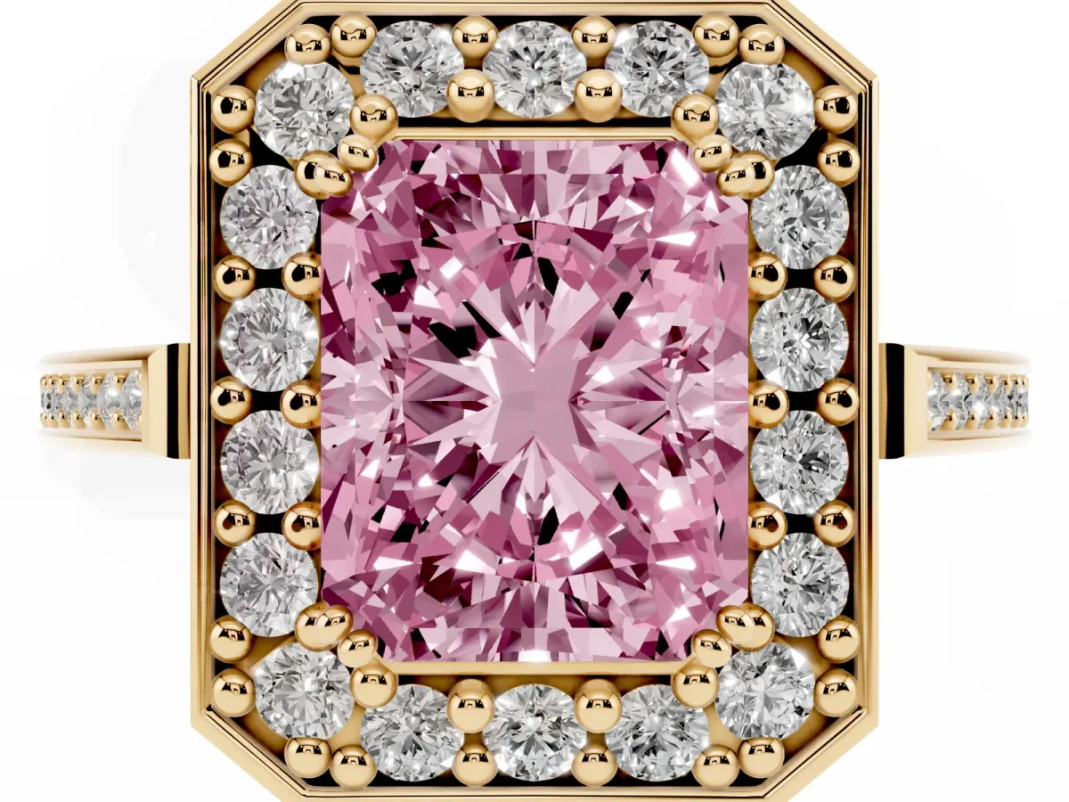 Fancy Pink Radiant Cut Diamond Halo Ring with Split Shank and Four-Prong Setting Yellow gold