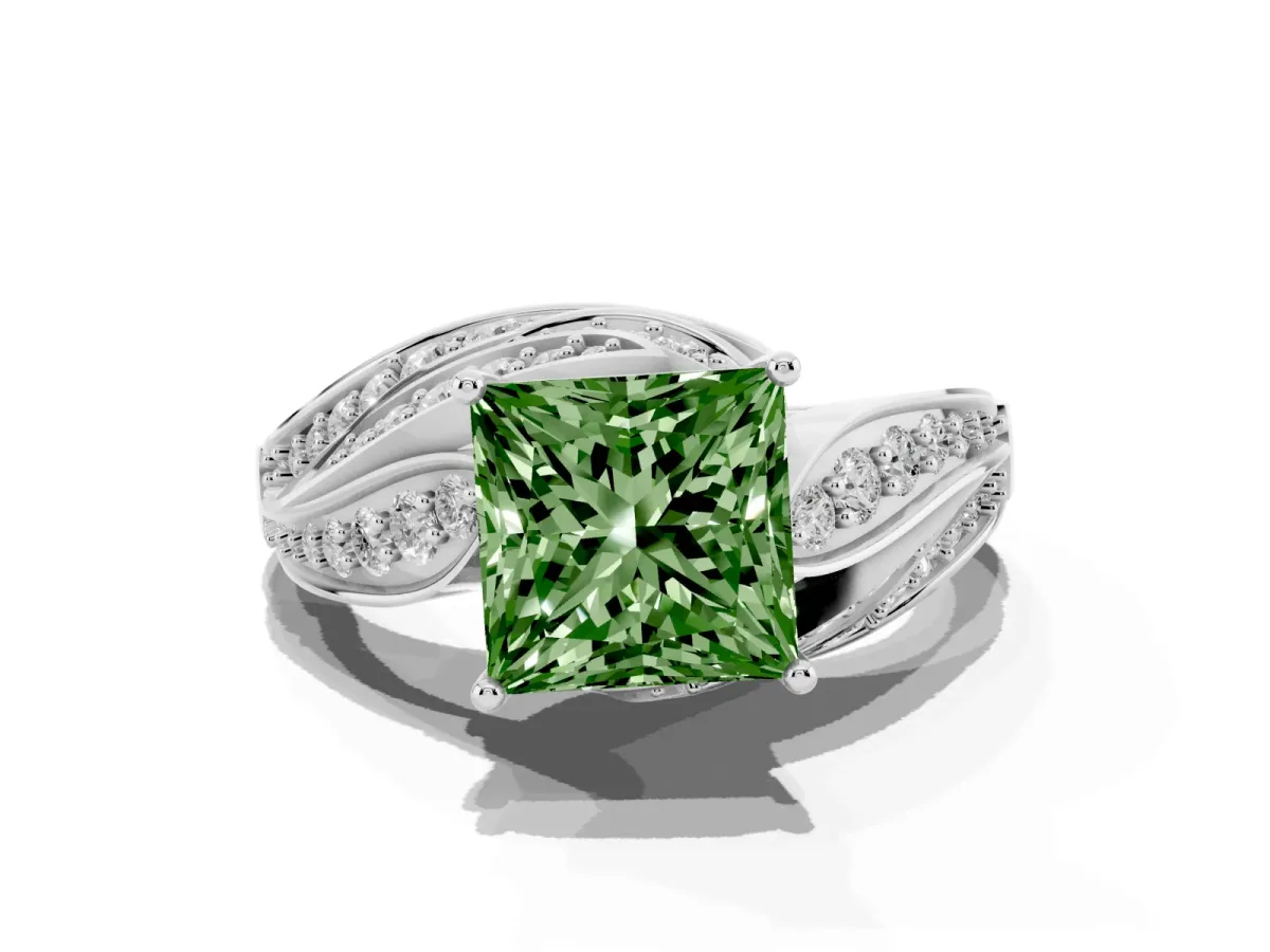 Fancy Green Princess Cut Diamond Solitaire Ring with Prong Setting and Twisted Pavé Band Silver