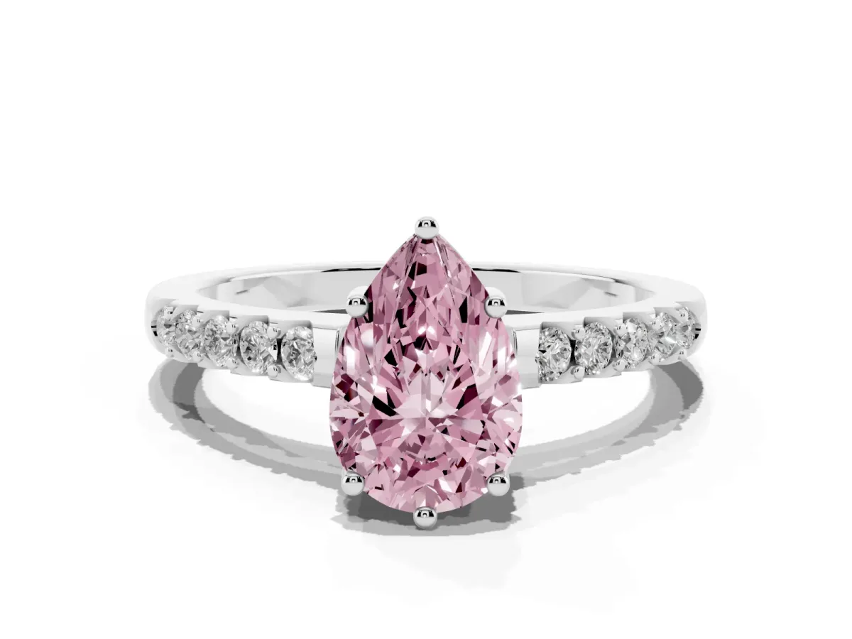 Fancy Pink Pear Cut Solitaire Diamond Engagement Ring with Pavé Band and Six-Prong Setting White gold