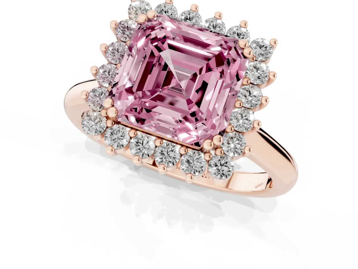 Fancy Pink Asscher Cut Cut Diamond Halo Ring with Solitaire Band and Prong Setting Rose gold