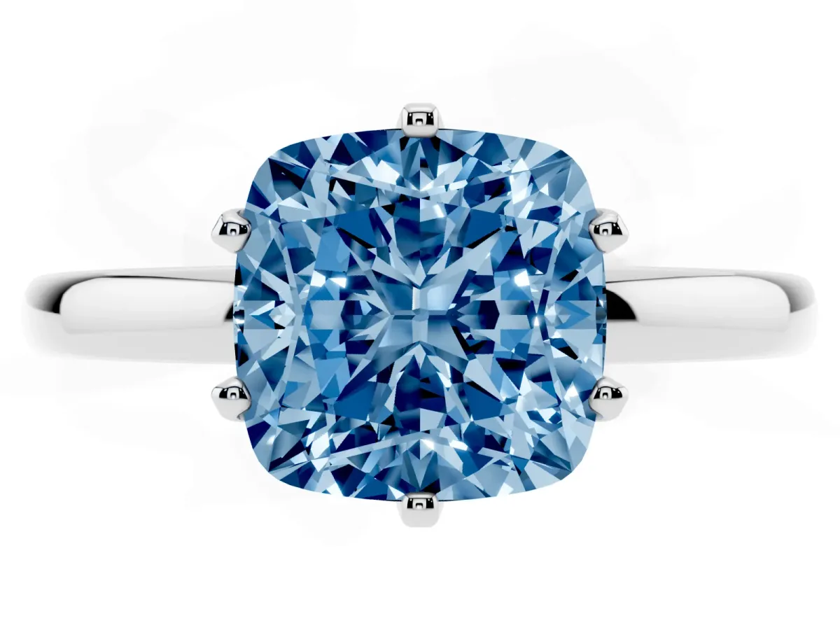 Fancy Blue Cushion Cut Solitaire Diamond Ring with Six-Prong Setting on a Classic Band Platinum