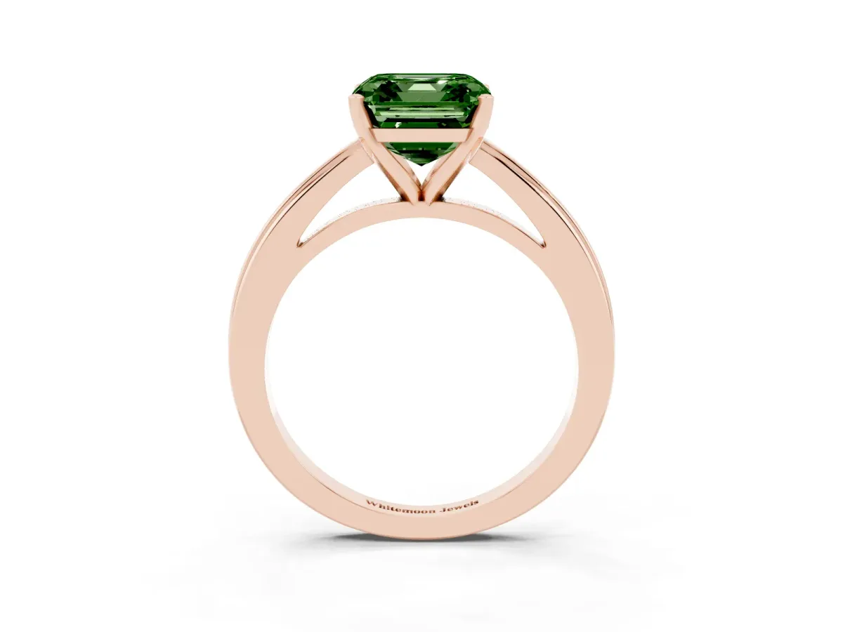 Fancy Green Asscher Cut Solitaire Diamond Ring with Four-Prong Setting and Classic Band Rose gold