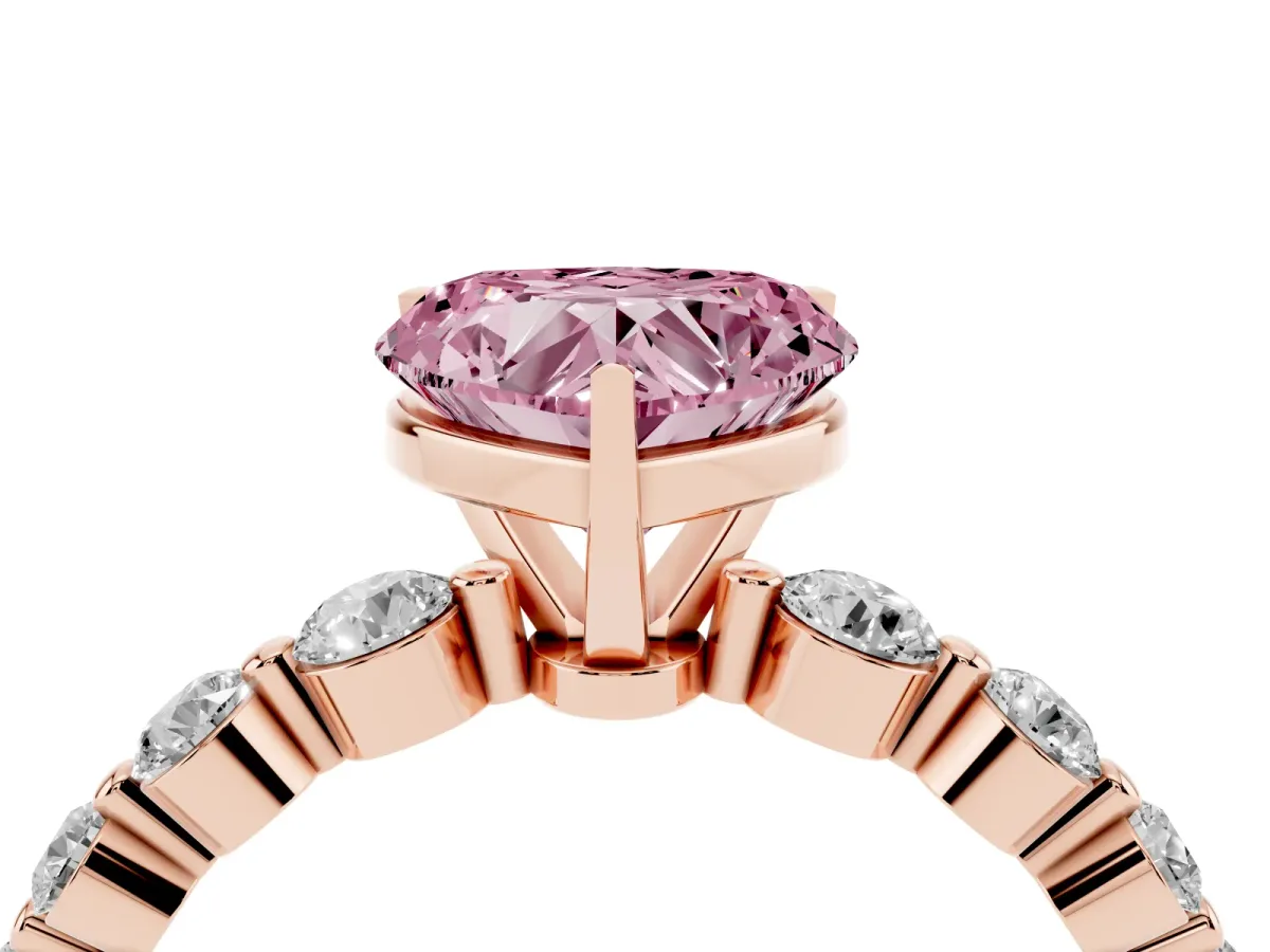 Fancy Pink Heart Cut Solitaire Diamond Ring with Pave Band and Four-Prong Setting Rose gold