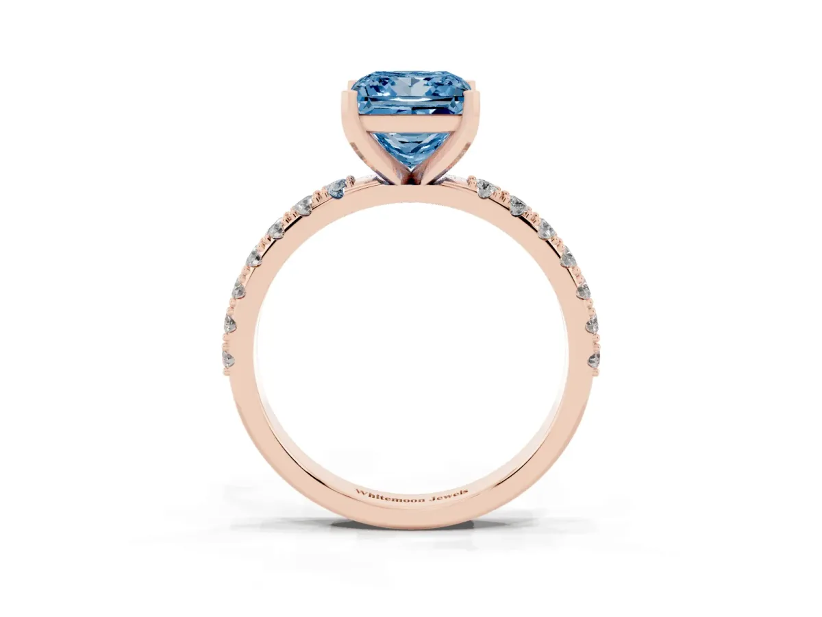 Fancy Blue Princess Cut Diamond Solitaire Pavé Band with Four-Prong Setting Rose gold