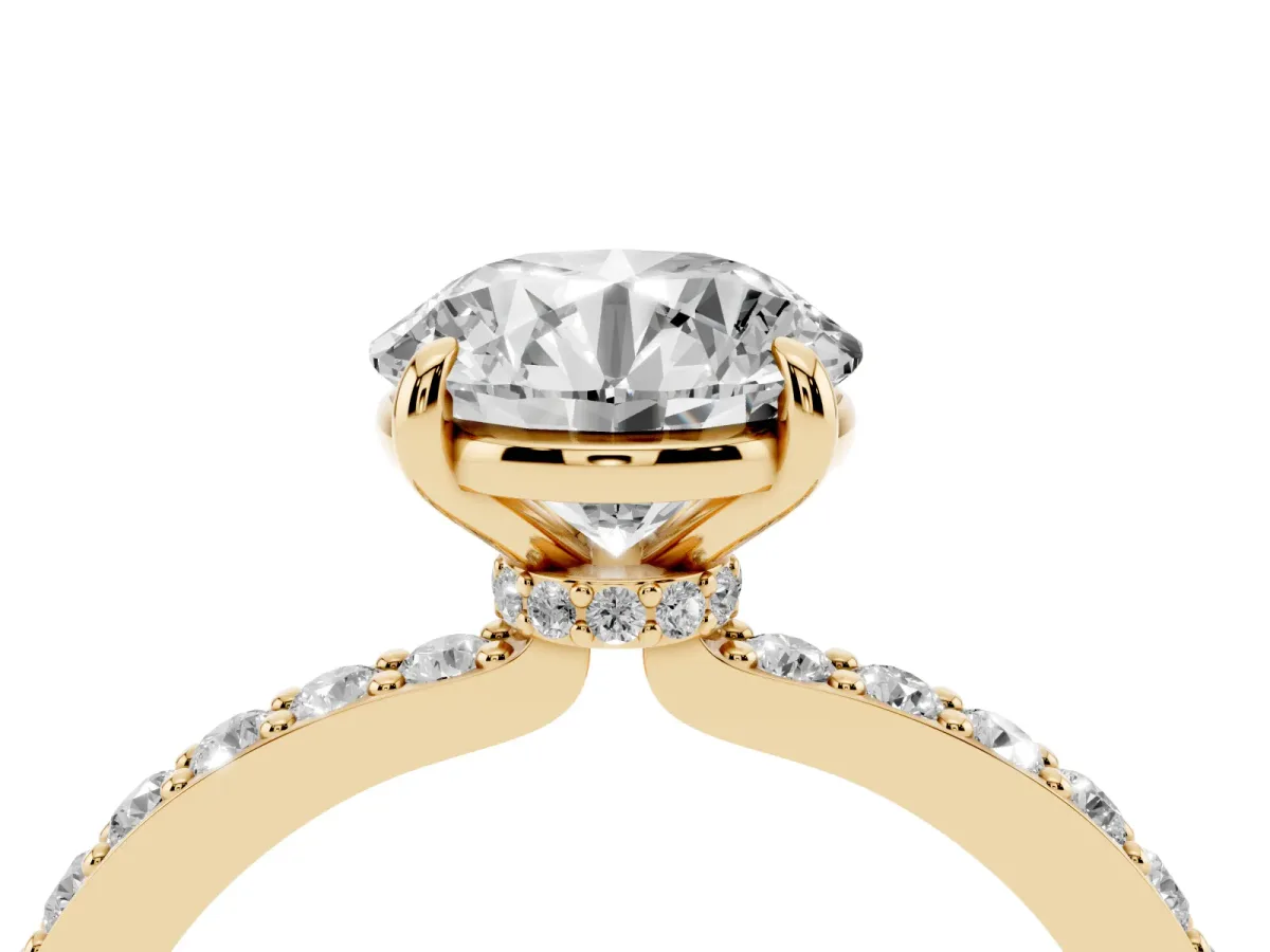 Round Cut Diamond Pavé Engagement Ring with Round Accents and Prong Setting Yellow gold