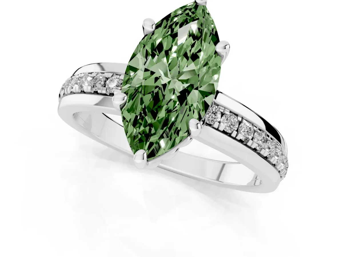 Fancy Green Marquise Cut Solitaire Diamond Ring with Channel Set Band and Six-Prong Setting Silver