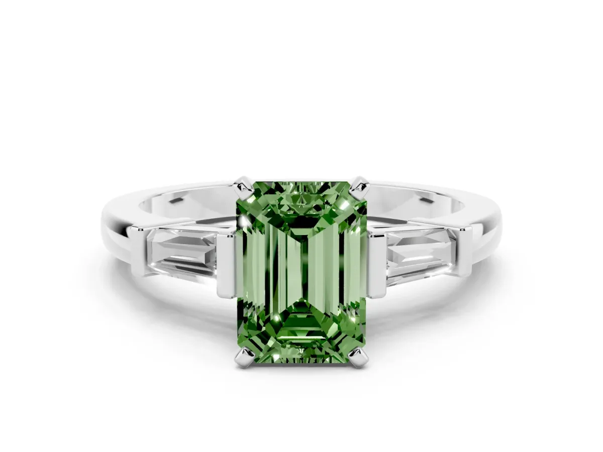 Fancy Green Emerald Cut Cut Diamond Solitaire Ring with Tapered Baguette Accents and Four-Prong Setting Silver