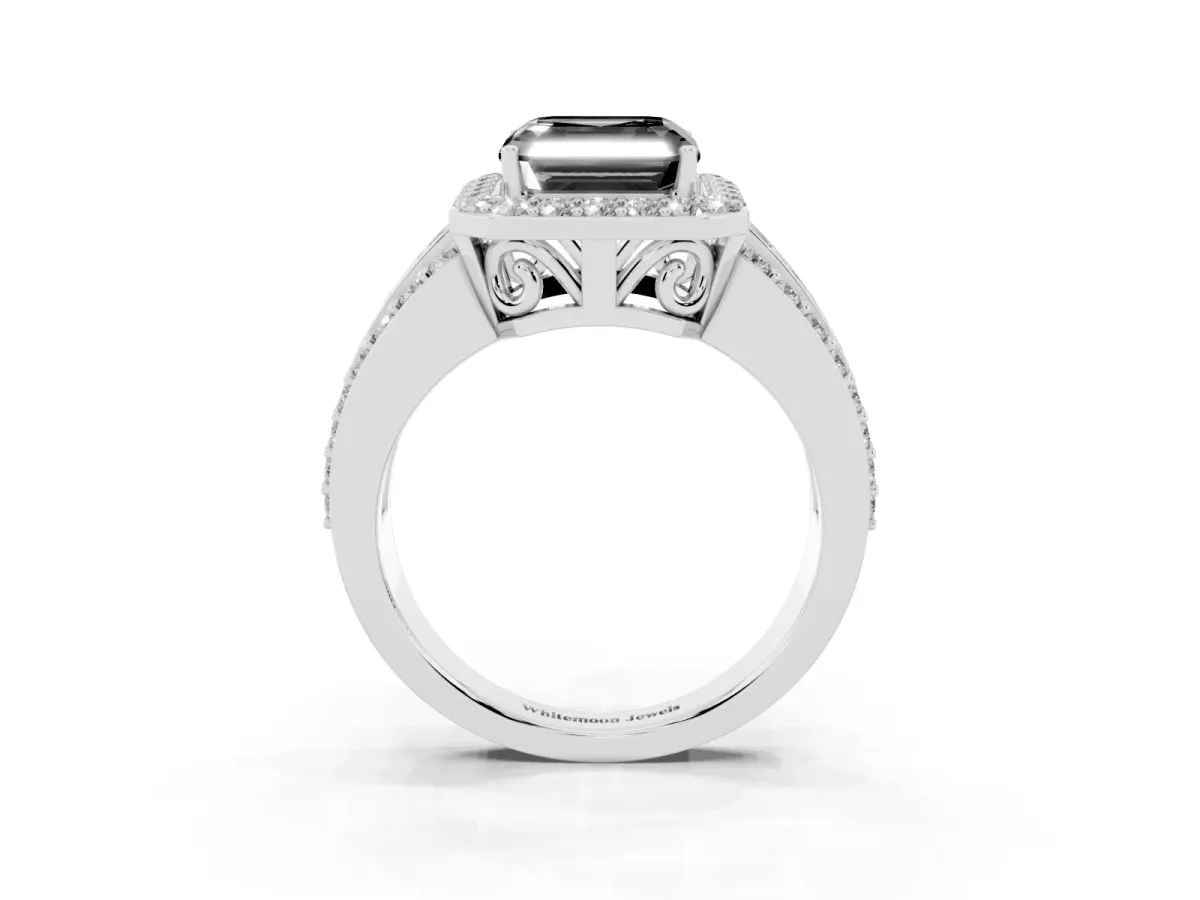 Fancy Black Asscher Cut Halo Diamond Ring with Round Split Shank and Prong Setting Platinum