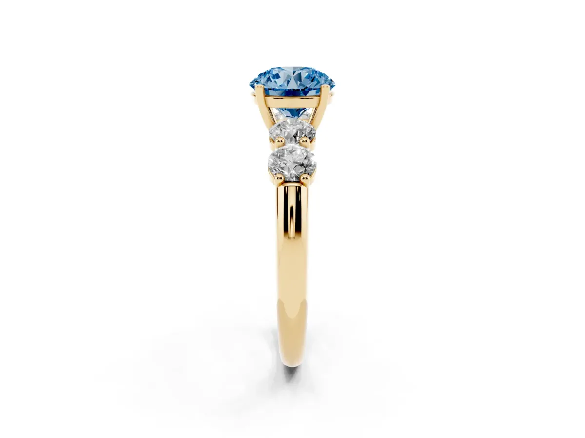 Fancy Blue Round Cut Cut Five-Stone Prong Set Diamond Ring with Classic Band Yellow gold