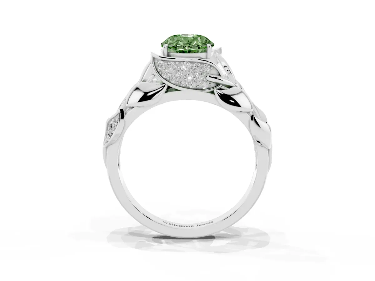 Fancy Green Oval Cut Diamond Leaf-Inspired Engagement Ring with Round Accents and Prong Setting Silver